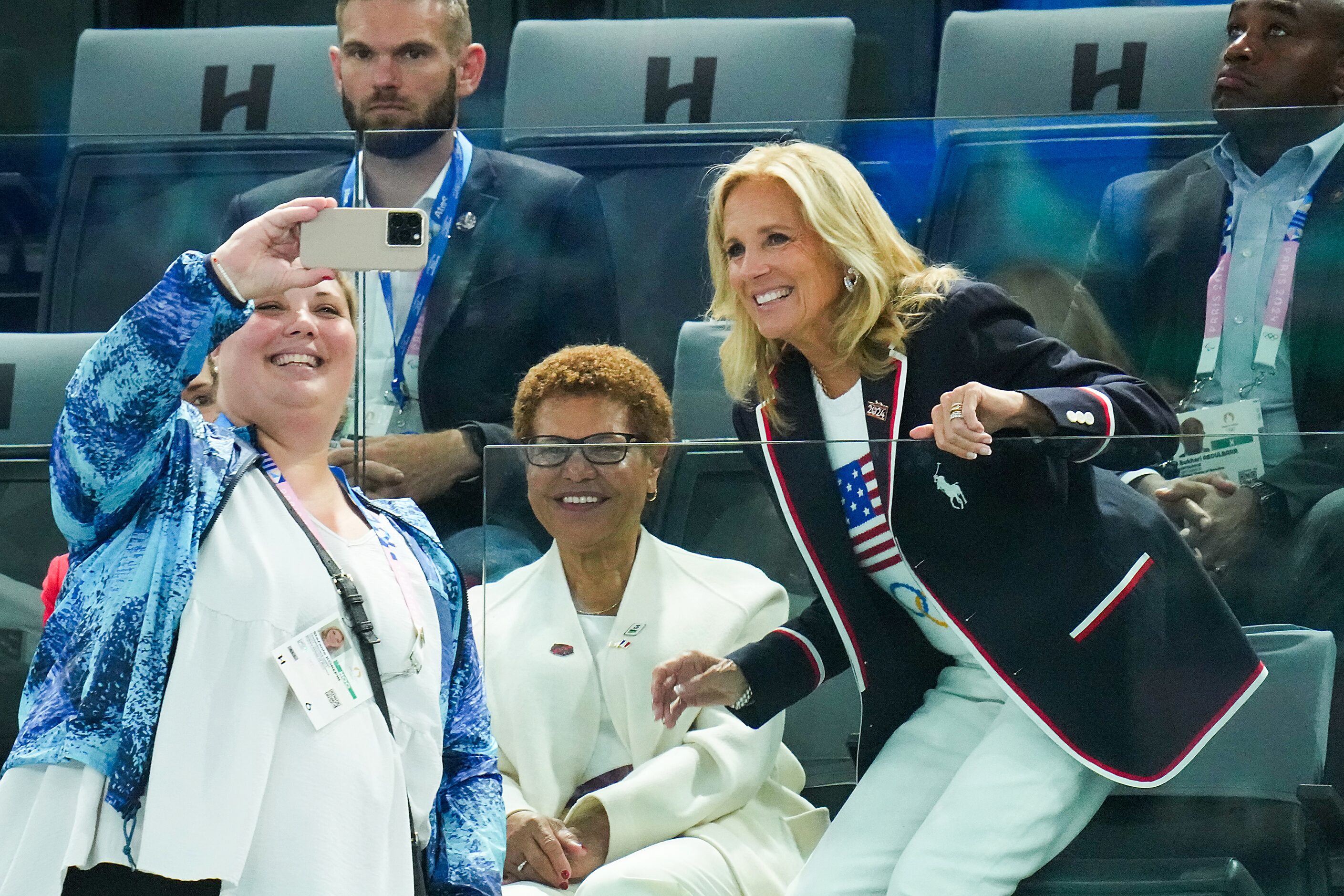 First Lady Jill Biden (right) poses for a selfie with Stefanie Korepin, USOPC chief programs...