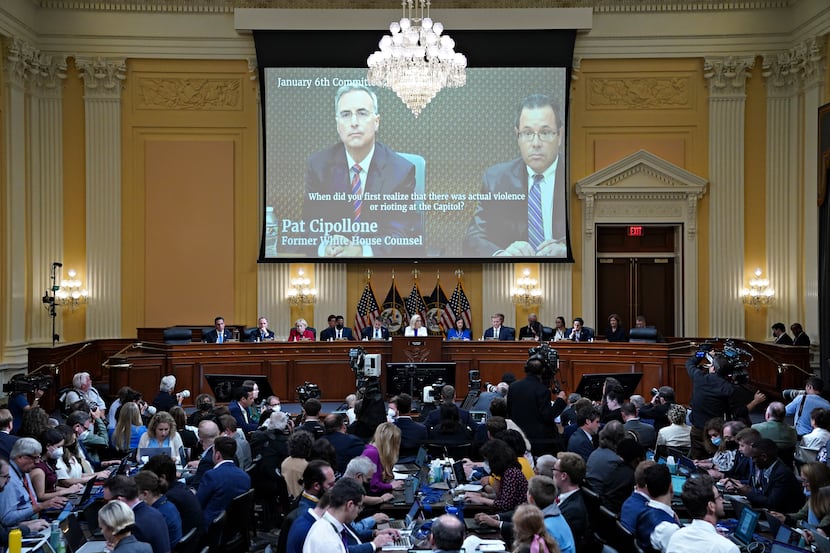 A video that shows Pat Cipollone, former White House counsel, is played as the House select...