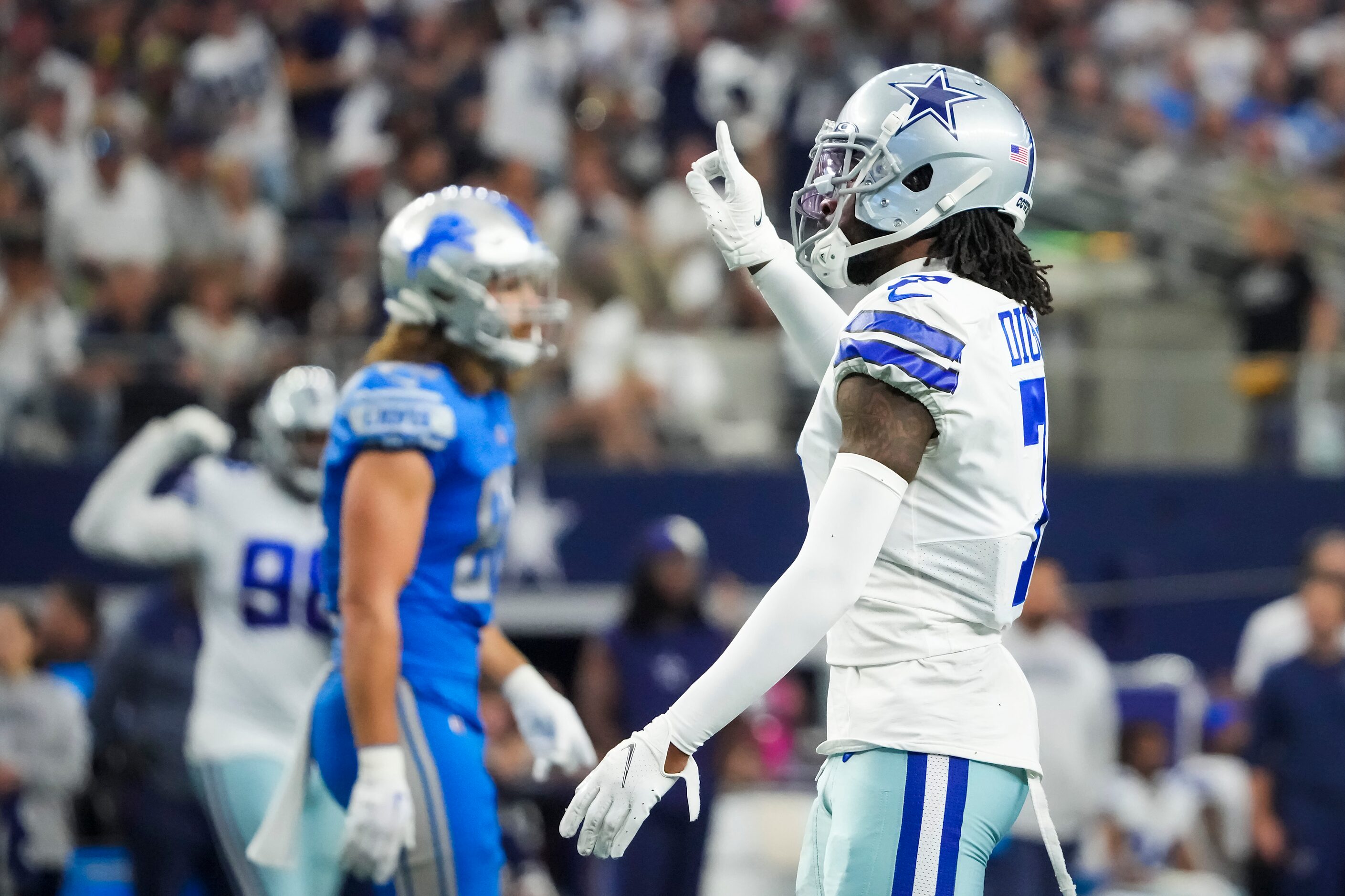 Dallas Cowboys cornerback Trevon Diggs (7) celebrates after breaking up a Detroit Lions pass...