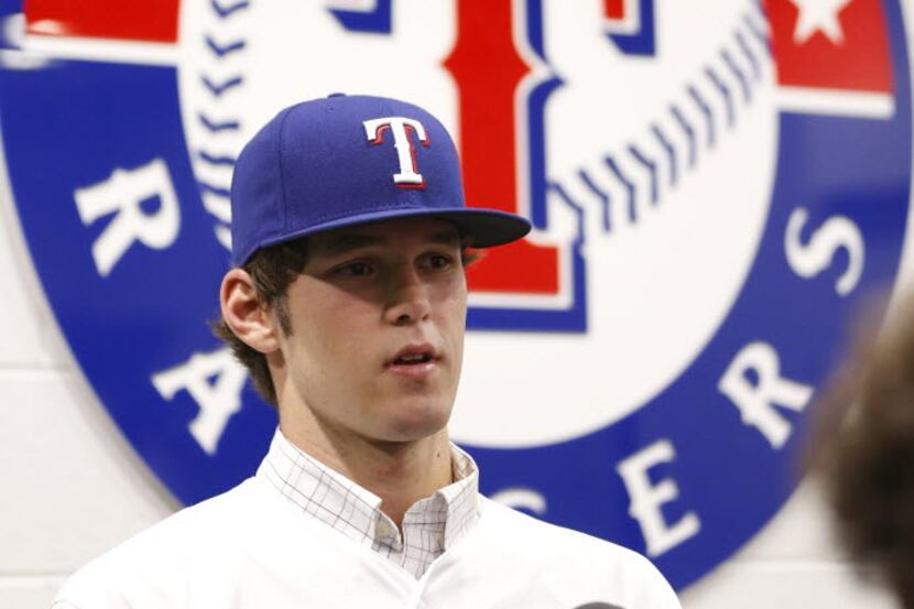 Texas Rangers draft pick Cole Ragans during a press conference at Globe Life Park in...
