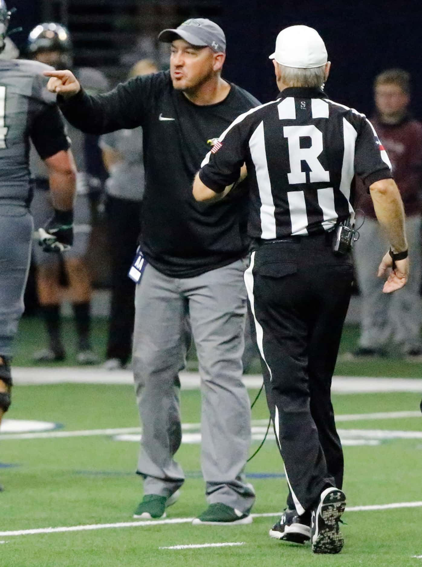 Prosper High School head coach Shaylon Carter voices discontent to the referee after losing...