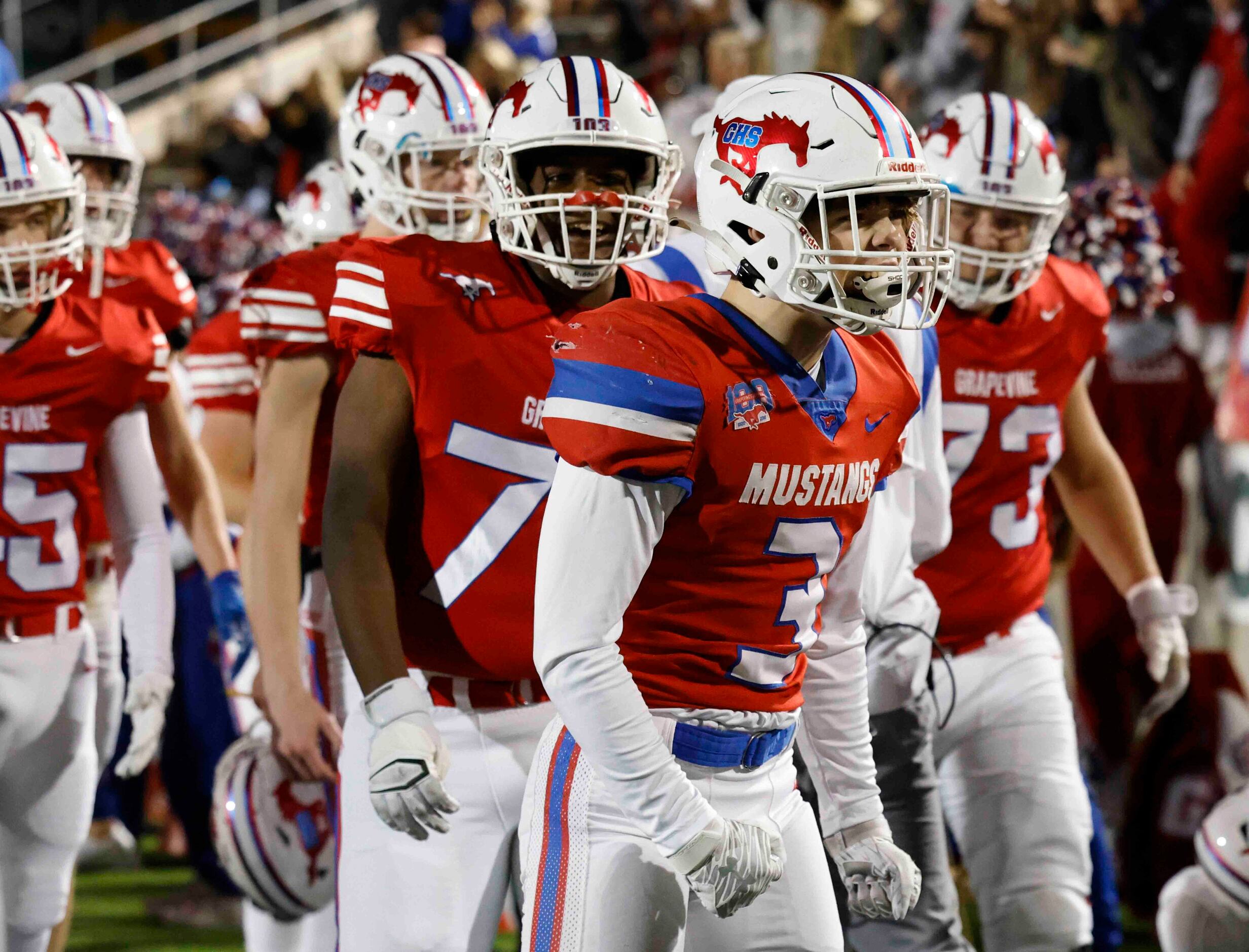 Grapevine players cheers after a touchdown against Argyle during the second half of a...