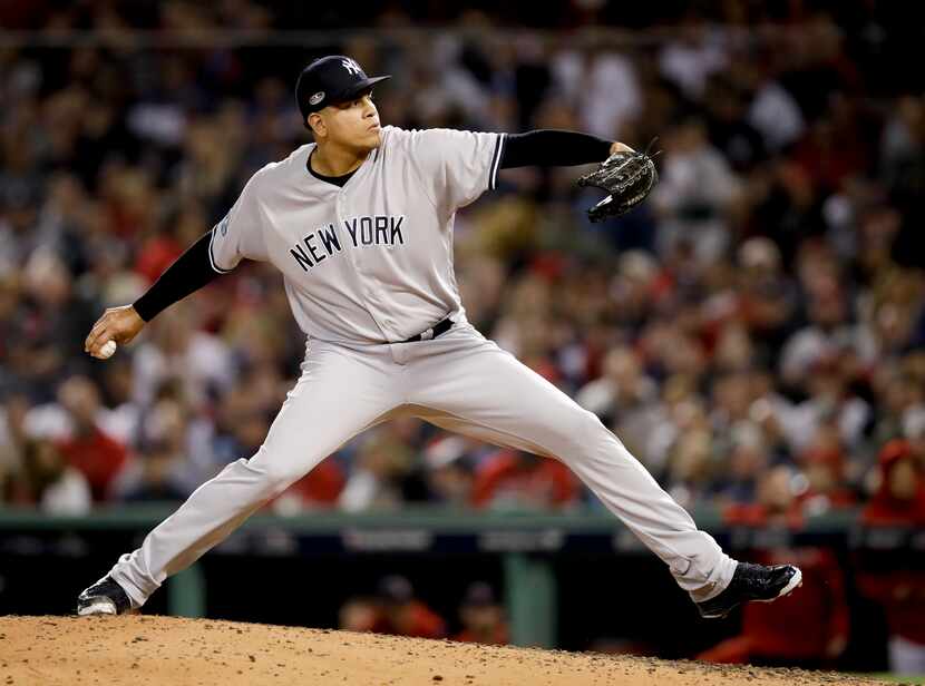 FILE - In this Oct. 6, 2018, file photo, New York Yankees relief pitcher Dellin Betances...