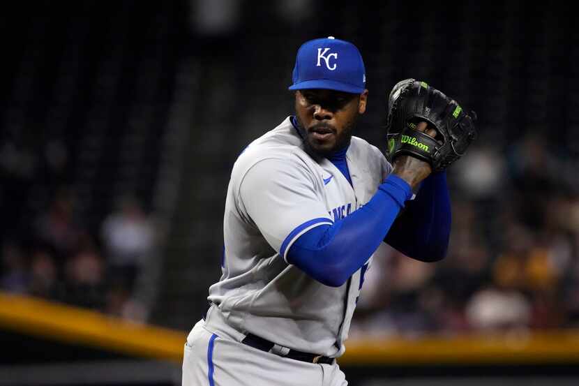 Kansas City Royals relief pitcher Aroldis Chapman (54) in the first inning during a baseball...