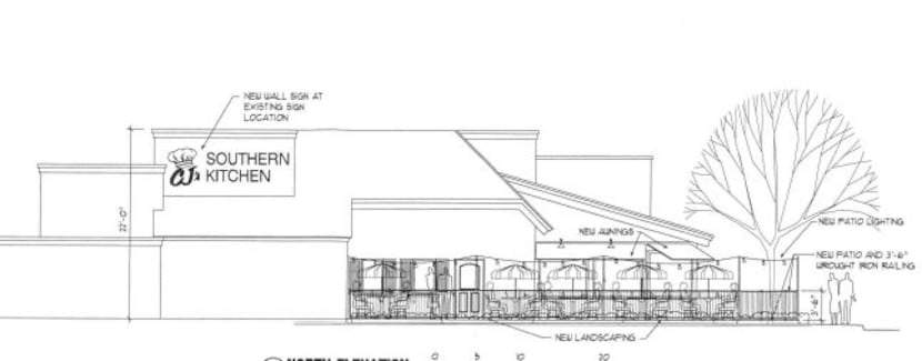 A drawing showing signage for CJ's Southern Kitchen was submitted to the city of Grapevine...