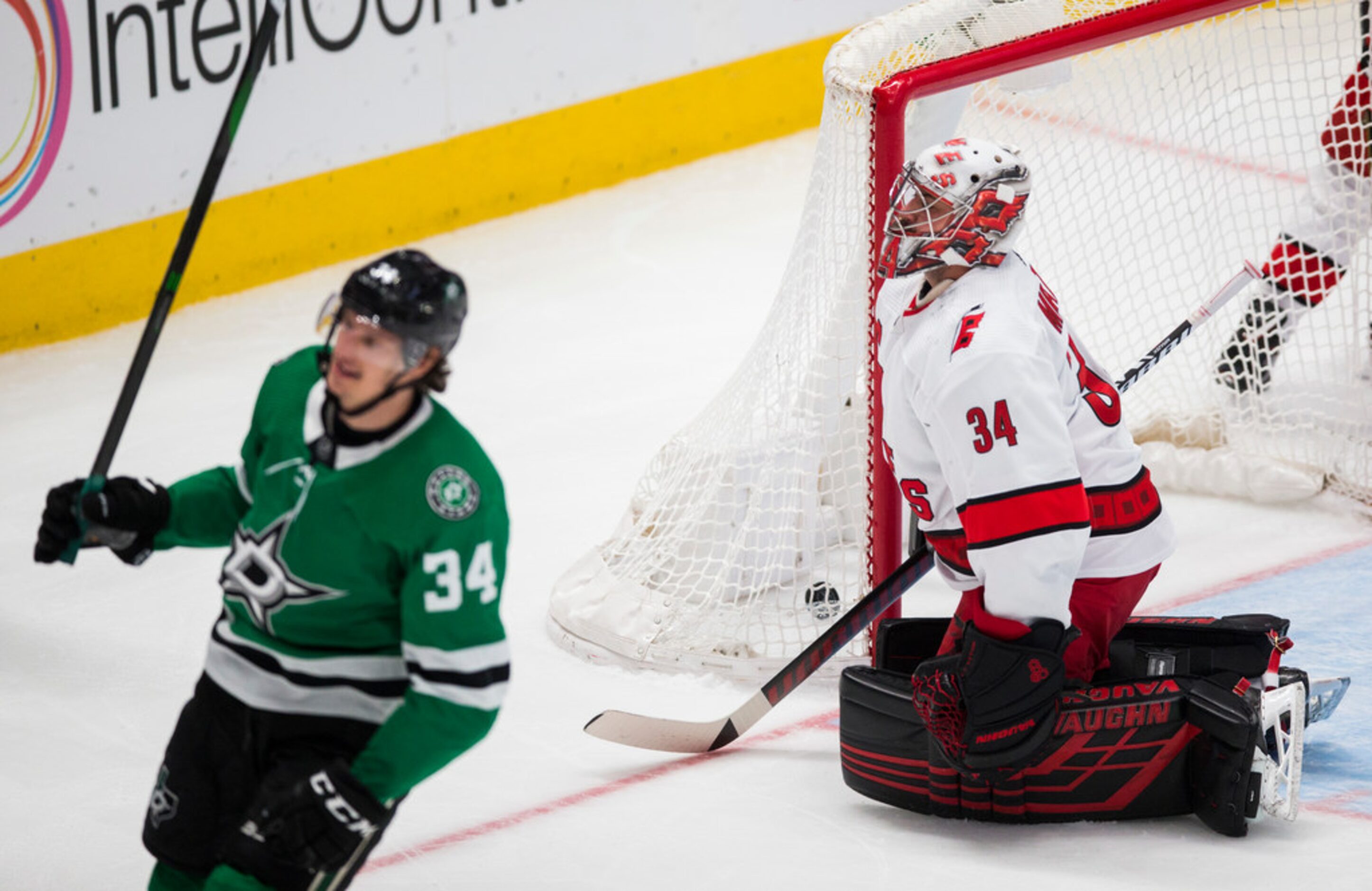 Carolina Hurricanes goaltender Petr Mrazek (34) and Dallas Stars right wing Denis Gurianov...