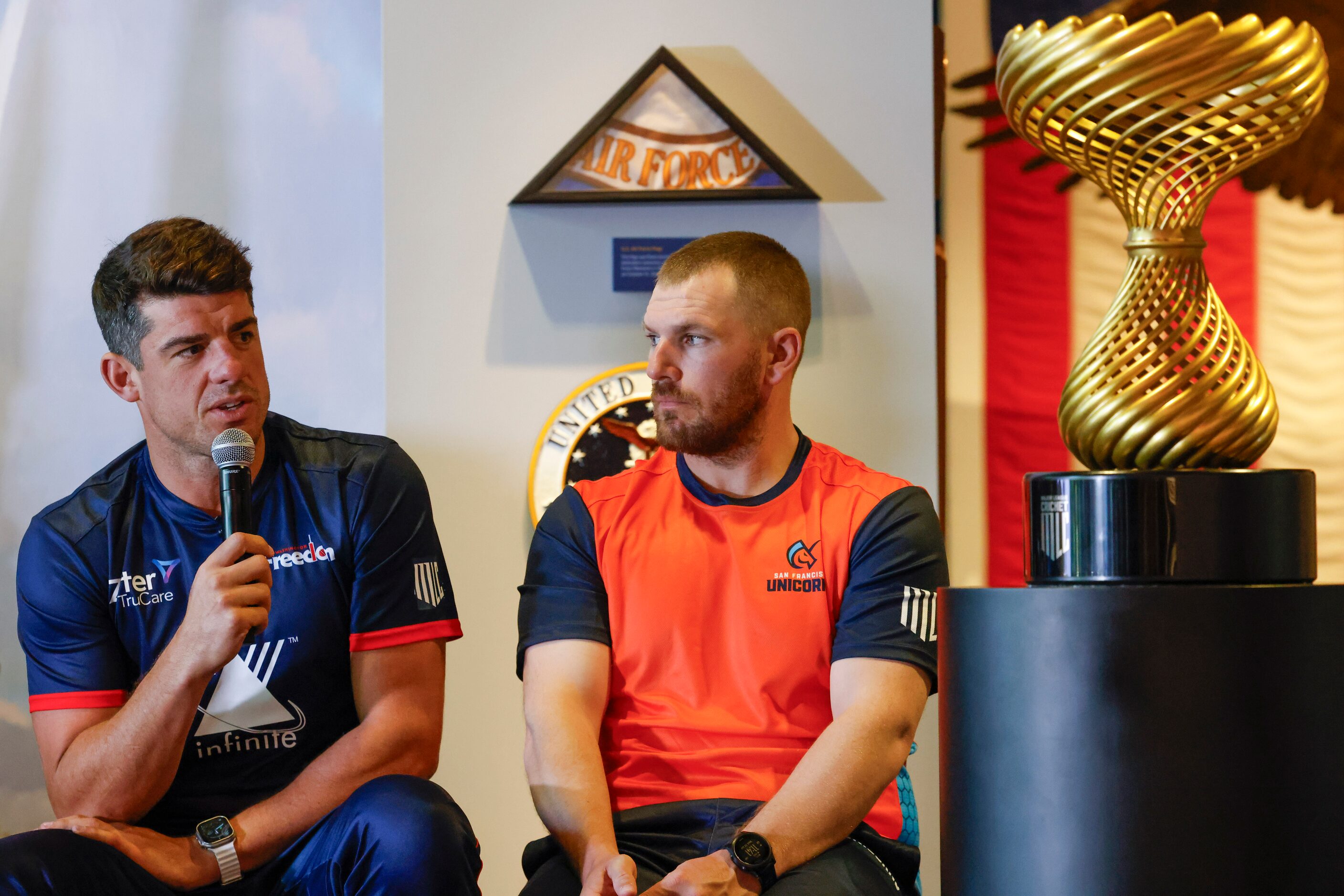 Washington Freedom captain Moises Henriques (left) talks as San Francisco Unicorns captain...