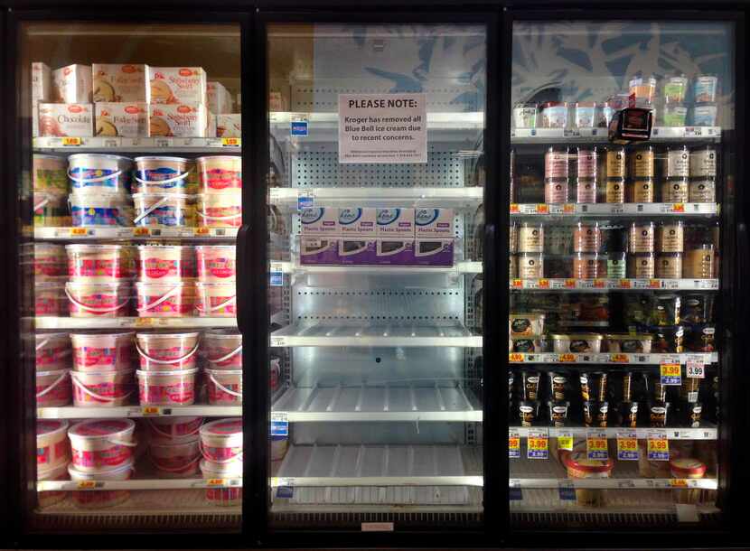All Blue Bell ice cream products were pulled from the freezers at Kroger in Dallas, Tuesday,...
