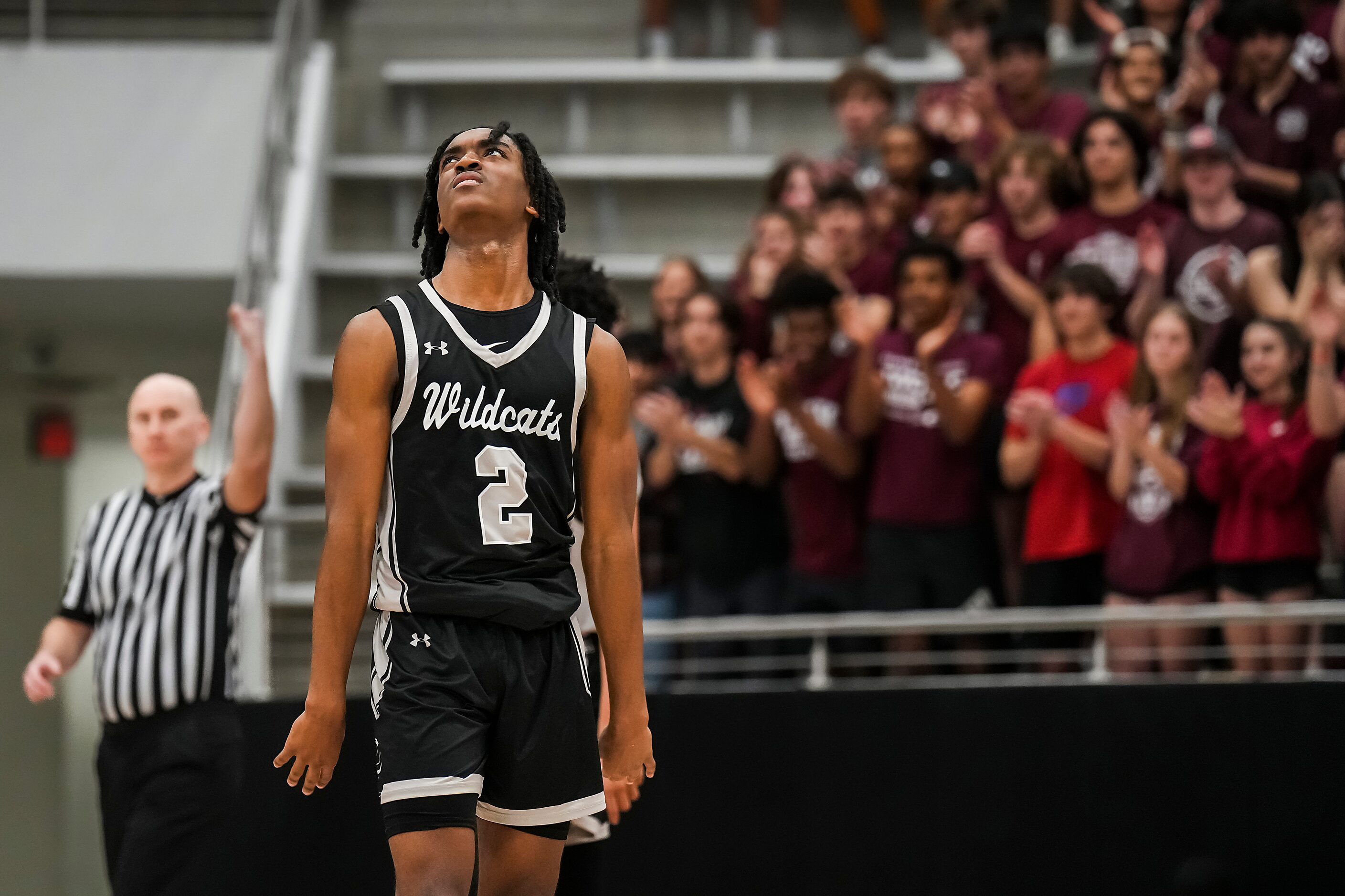 Denton Guyer guard Jeremiah Green (2) reacts after a call went against the Wildcats during...