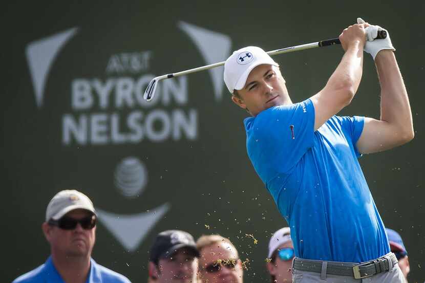 Jordan Spieth plays his shot from the 17th tee during the second round of the AT&T Byron...