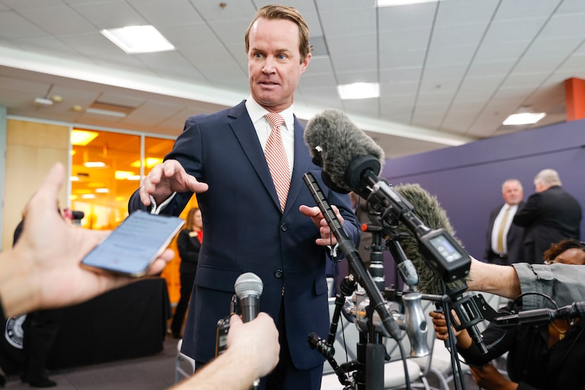 Texas House Speaker Dade Phelan speaks to the members of the press after an event at the...