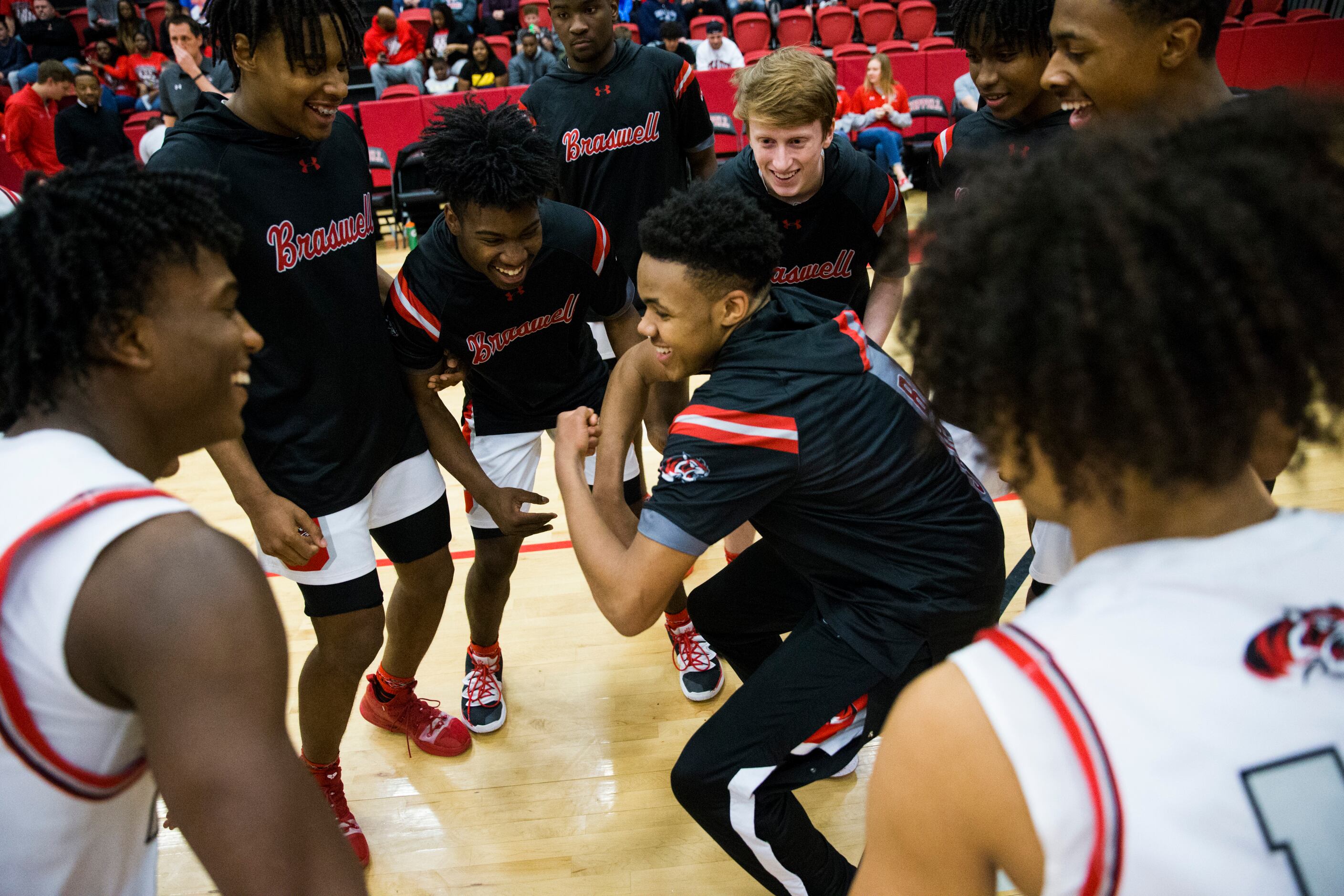 Denton Braswell rallies before a Class 5A area-round playoff boys basketball game between...