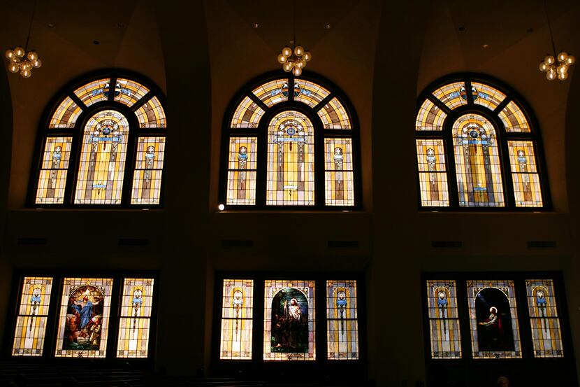 Stained glass windows in the sanctuary of the Tyler Street United Methodist Church in Dallas.