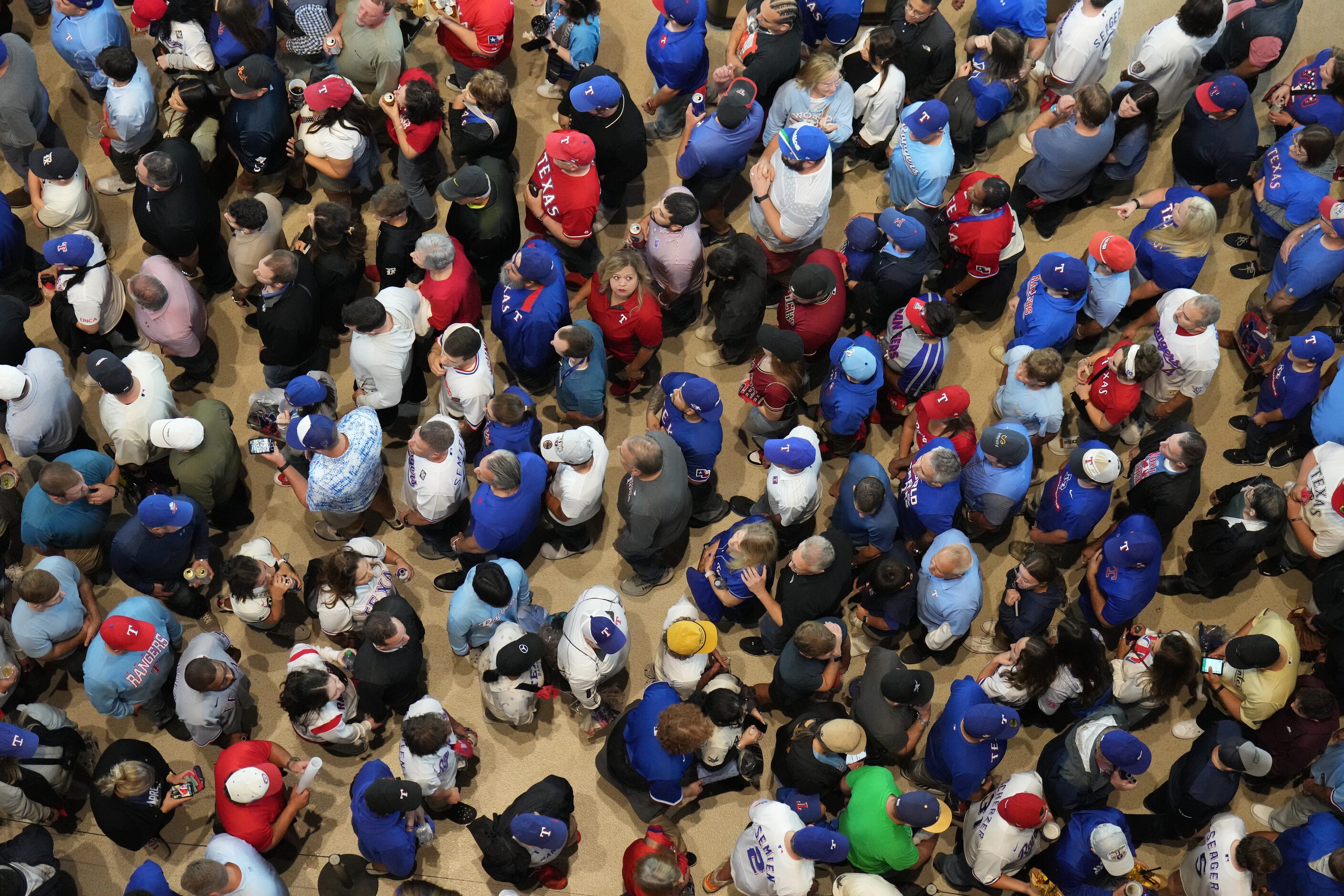 Fans pack the concourse at Globe Life Field  before Game 2 of the World Series between the...