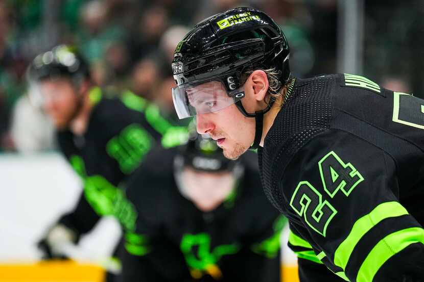 Dallas Stars center Roope Hintz (24) prepares for a face off during the second period of an...