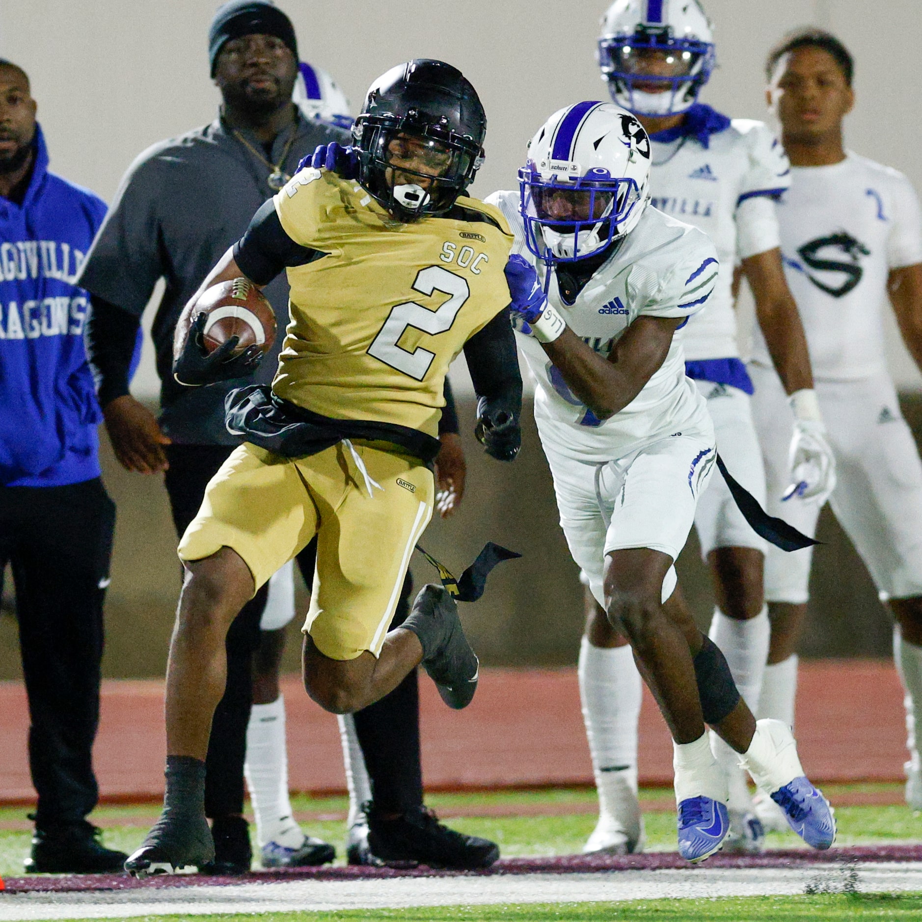 Seagoville defensive back Vincent Key (9) forces South Oak Cliff running back Tedrcik...