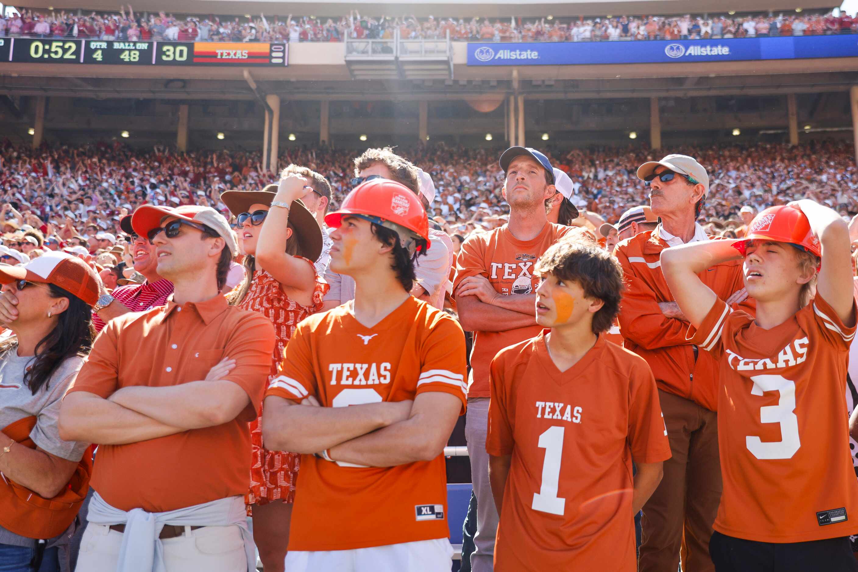Texas fans remains disappointed after Oklahoma scored a touchdown with 15 seconds left on...