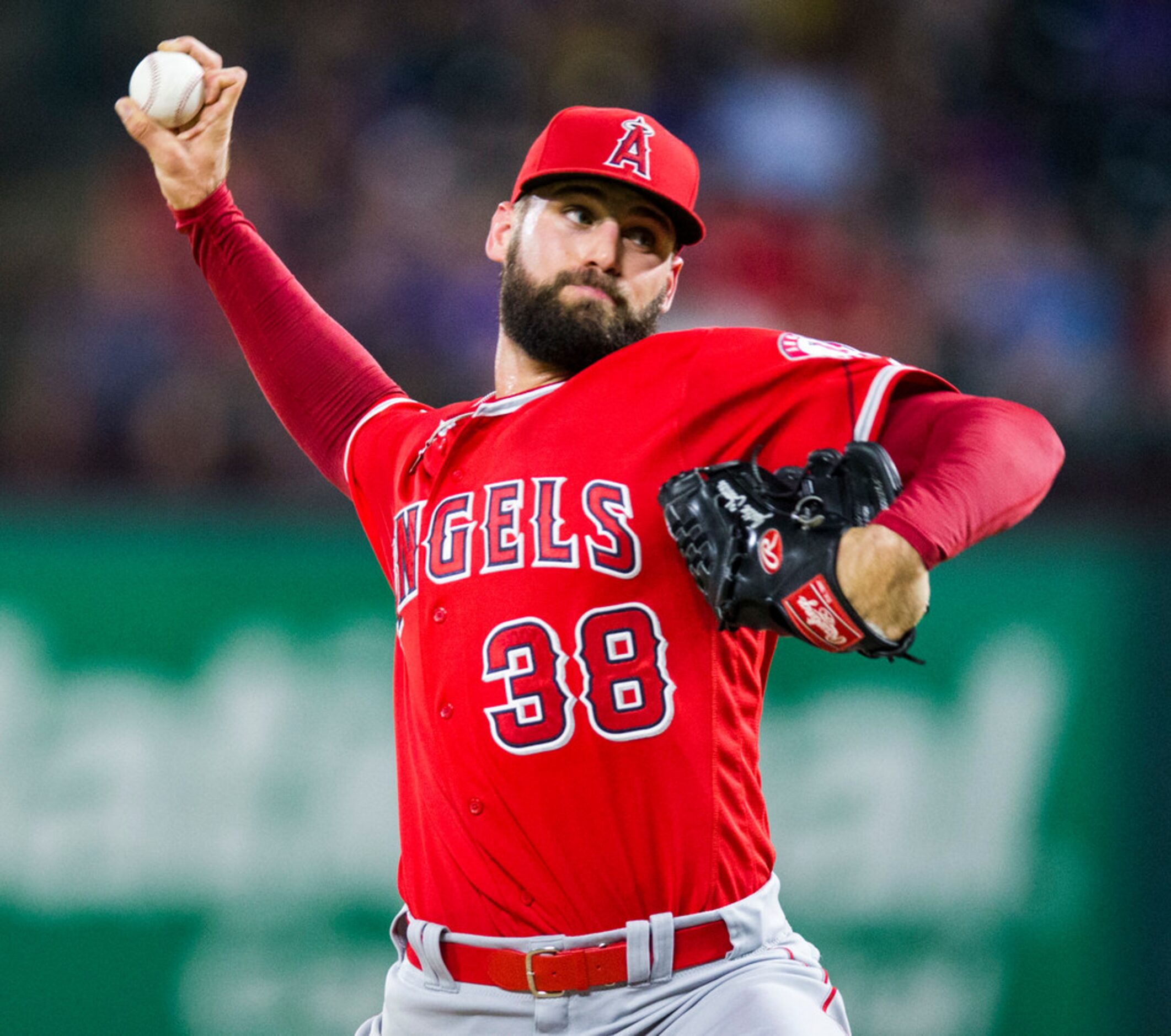 Los Angeles Angels relief pitcher Justin Anderson (38) pitches during the eighth inning of...