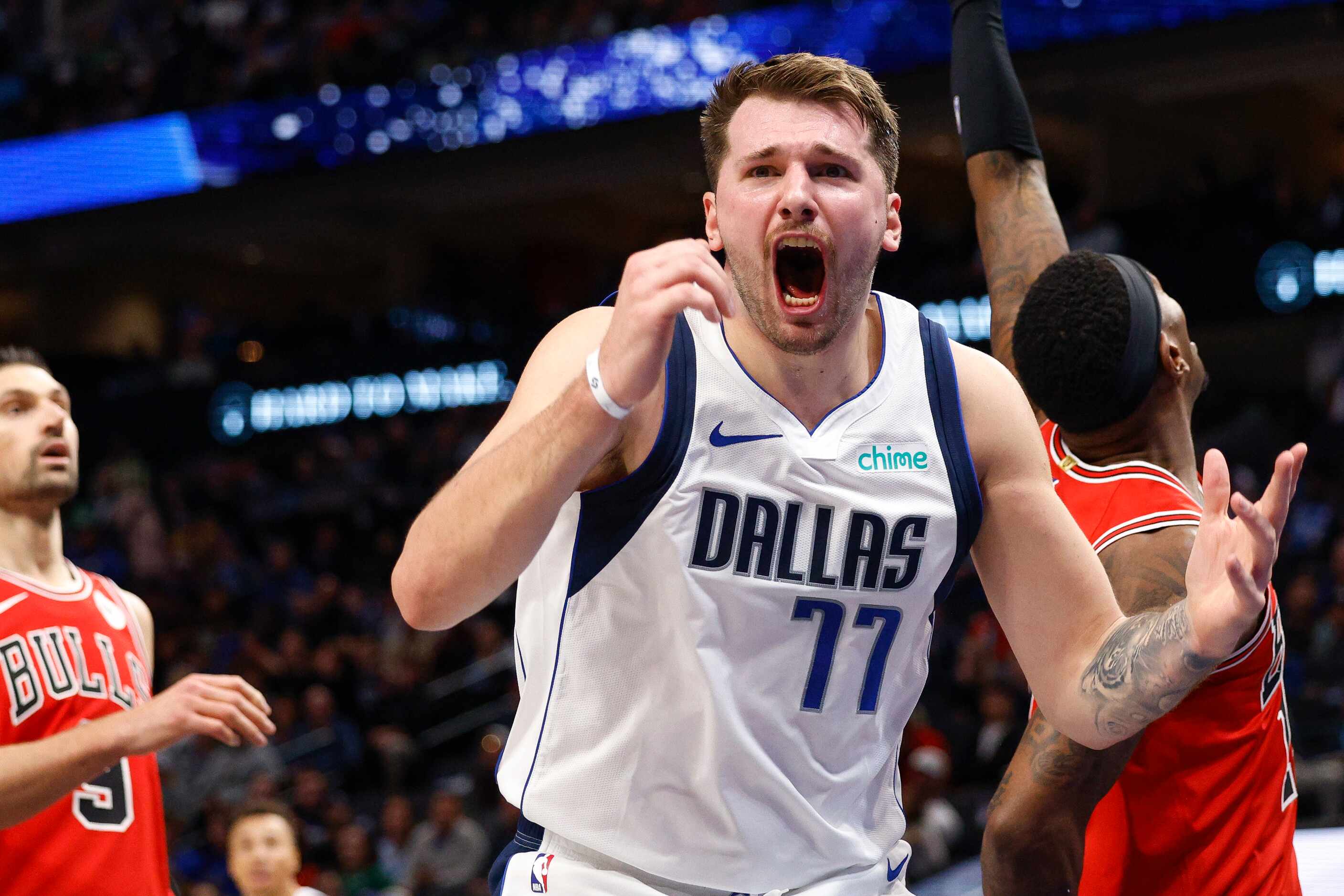 Dallas Mavericks guard Luka Doncic (77) reacts after a non-foul call during the first half...