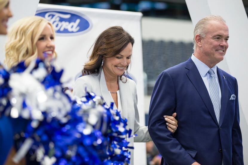 Stephen Jones (left) and his wife Karen Jones are introduced during the annual Cowboys...
