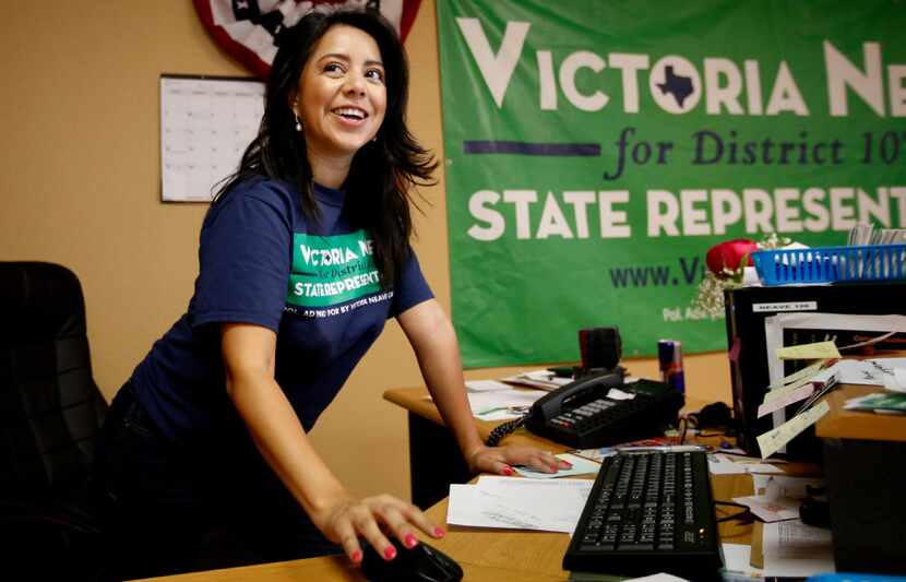 Victoria Neave, the Democratic candidate for Texas House District 107, works phone banks at...