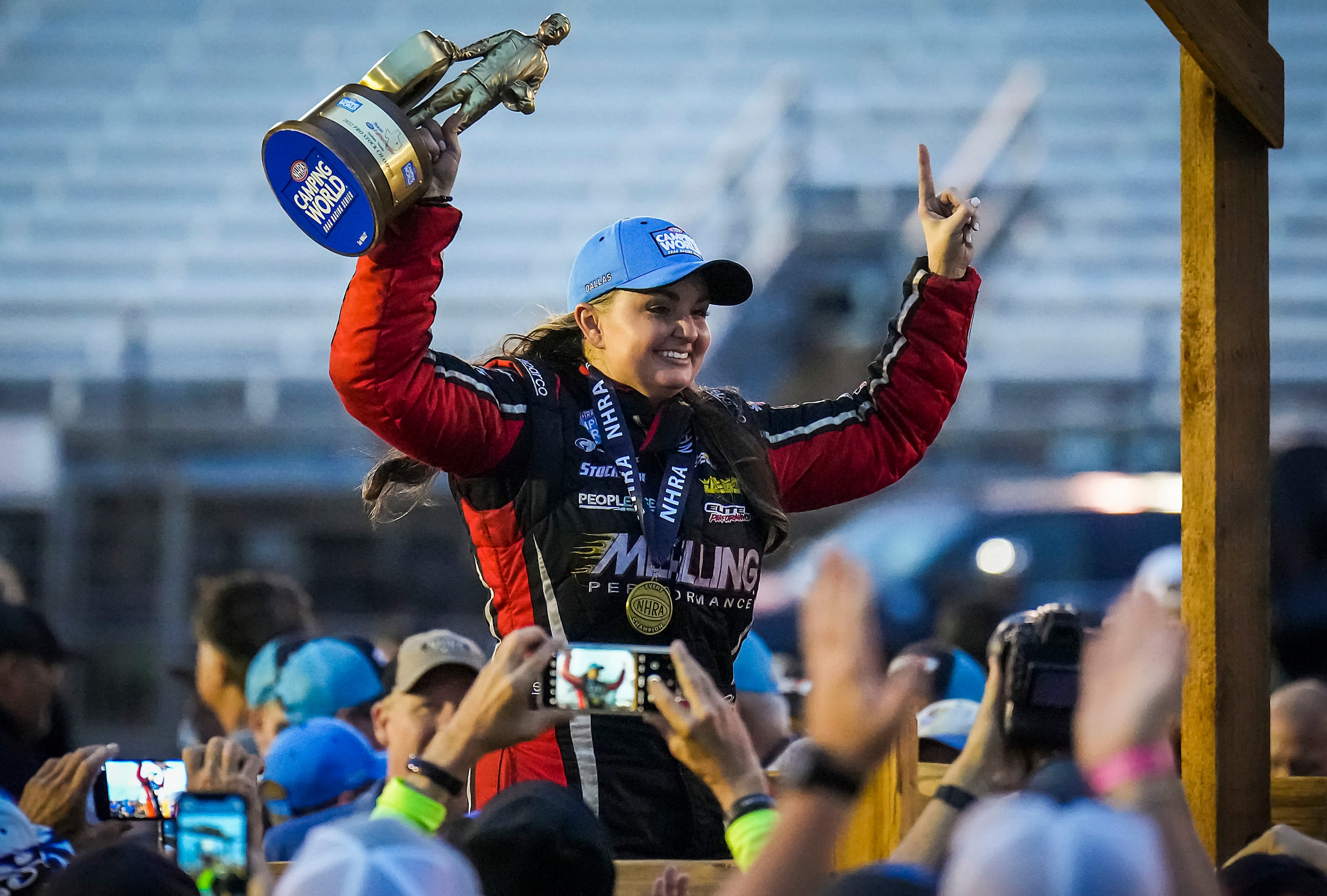 Erica Enders	celebrates after her Pro Stock at the Texas NHRA FallNationals auto races at...