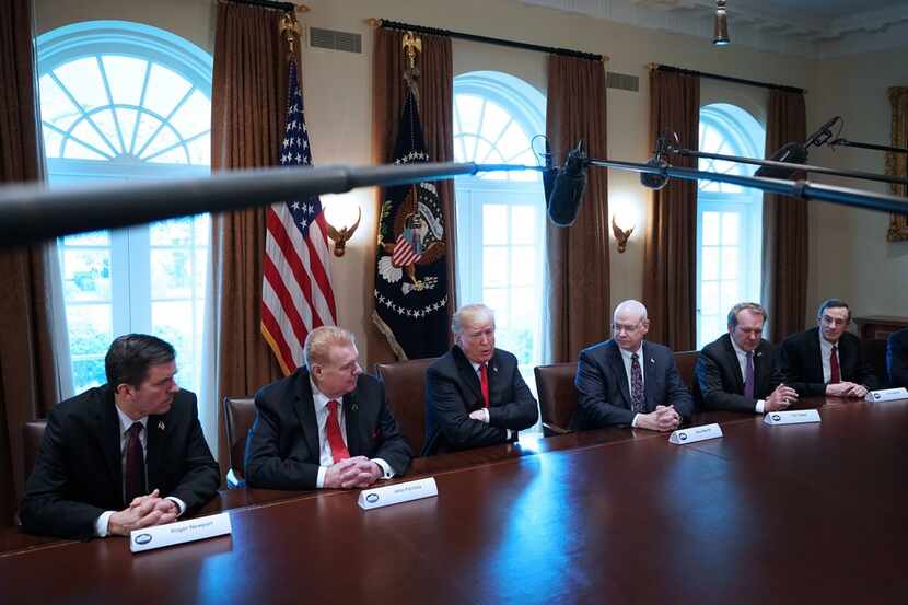US President Donald Trump speaks on steel and aluminum tariffs during a meeting with...