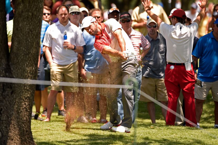 Paul Casey hits off the 18th fairway during the second round of the HP Byron Nelson...