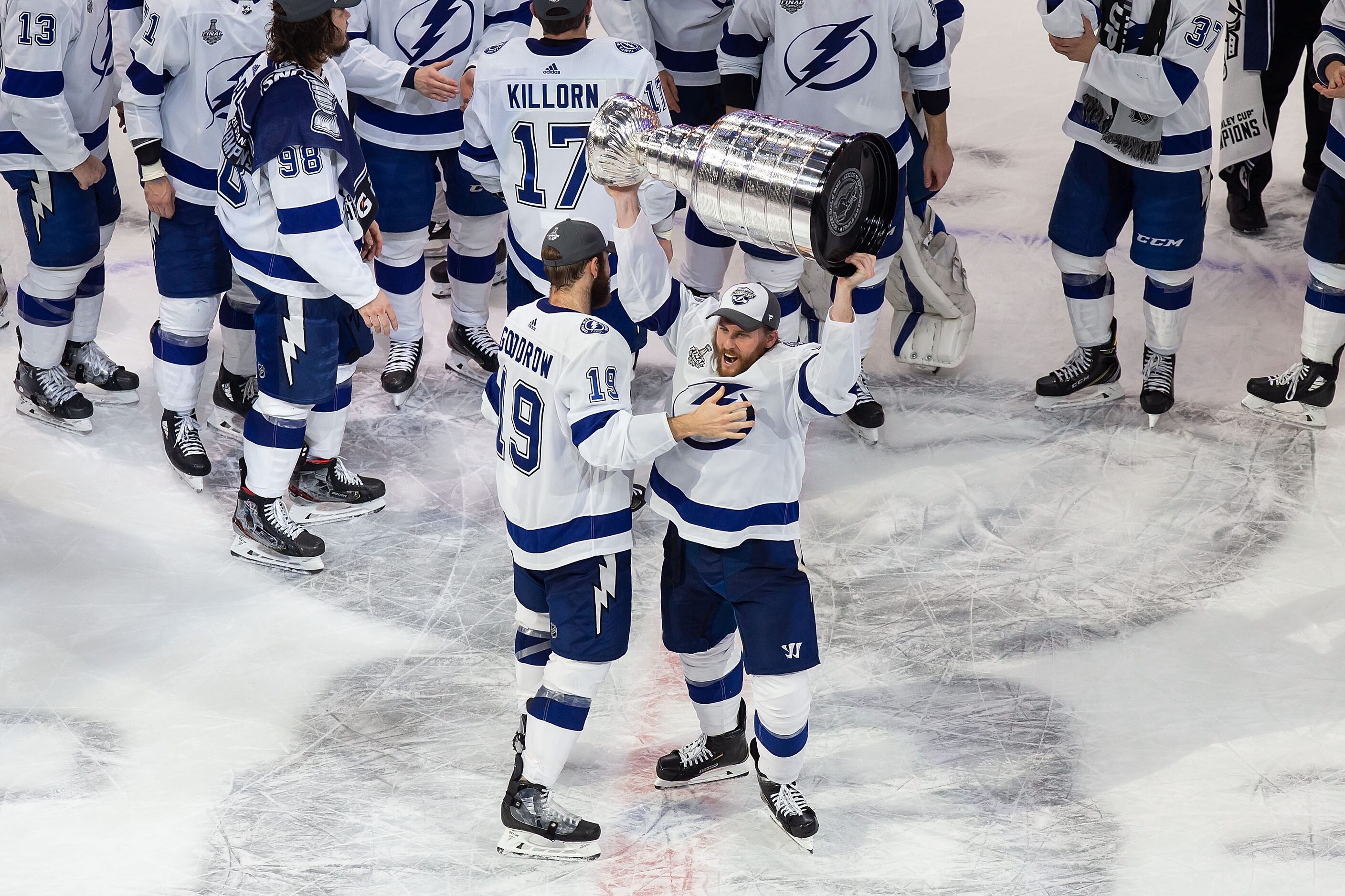 Blake Coleman (20) of the Tampa Bay Lightning hoists the Stanley Cup after defeating the...