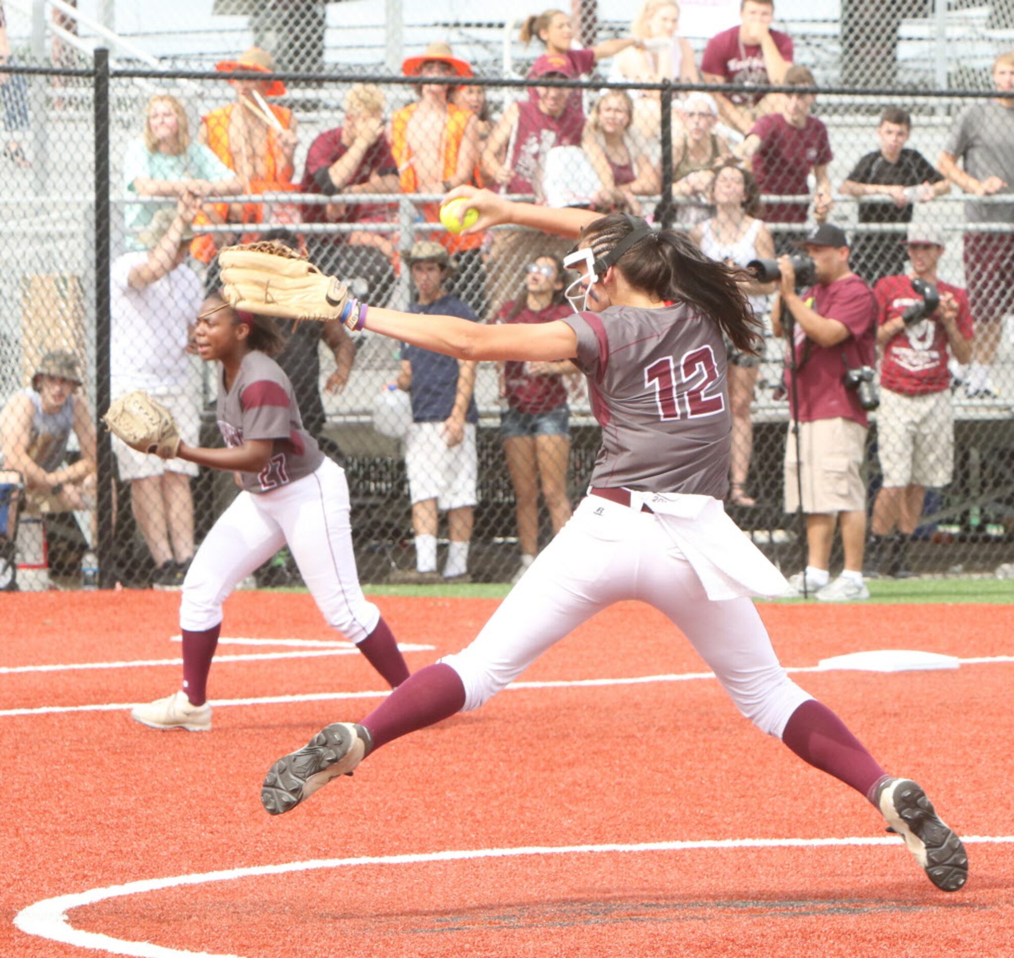 Lewisville pitcher Maribeth Gorsuch (12) delivers a pitch to a Keller batter during the...