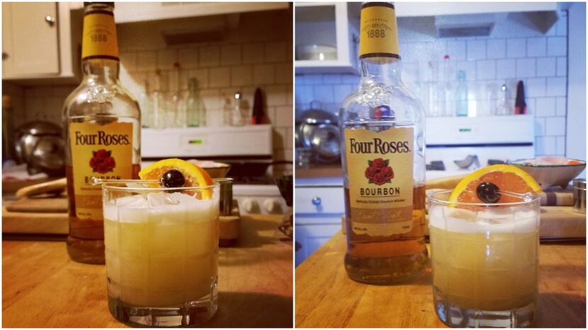 A tale of two Sours: On the left, a Whiskey Sour I made using egg white; on the right, the...