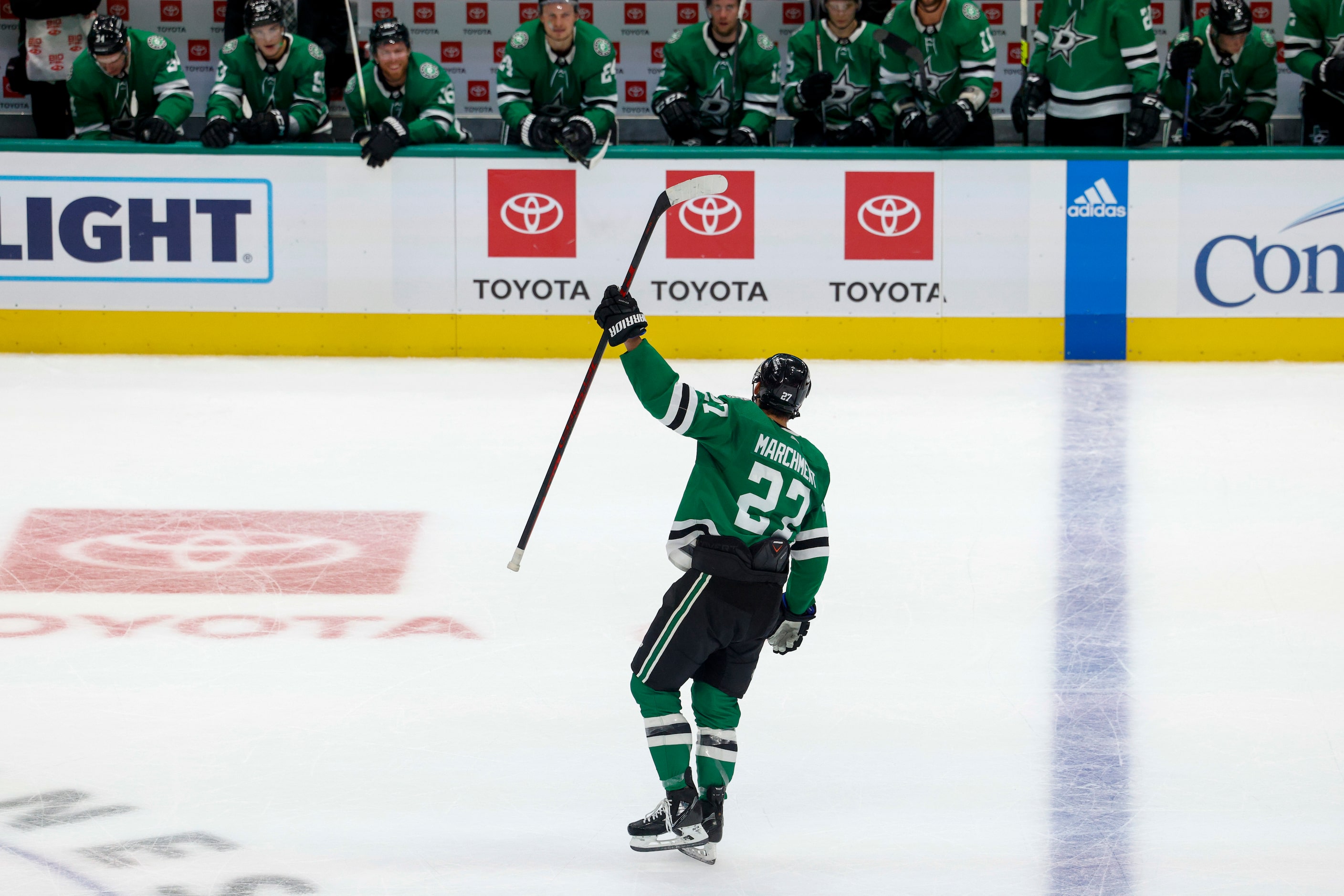 Dallas Stars left wing Mason Marchment (27) celebrates an empty net goal during the third...