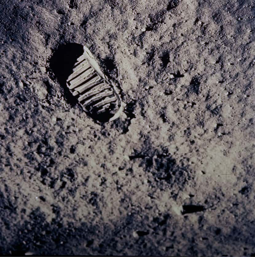 A footprint left by one of the astronauts of the Apollo 11 mission is seen in the soft,...