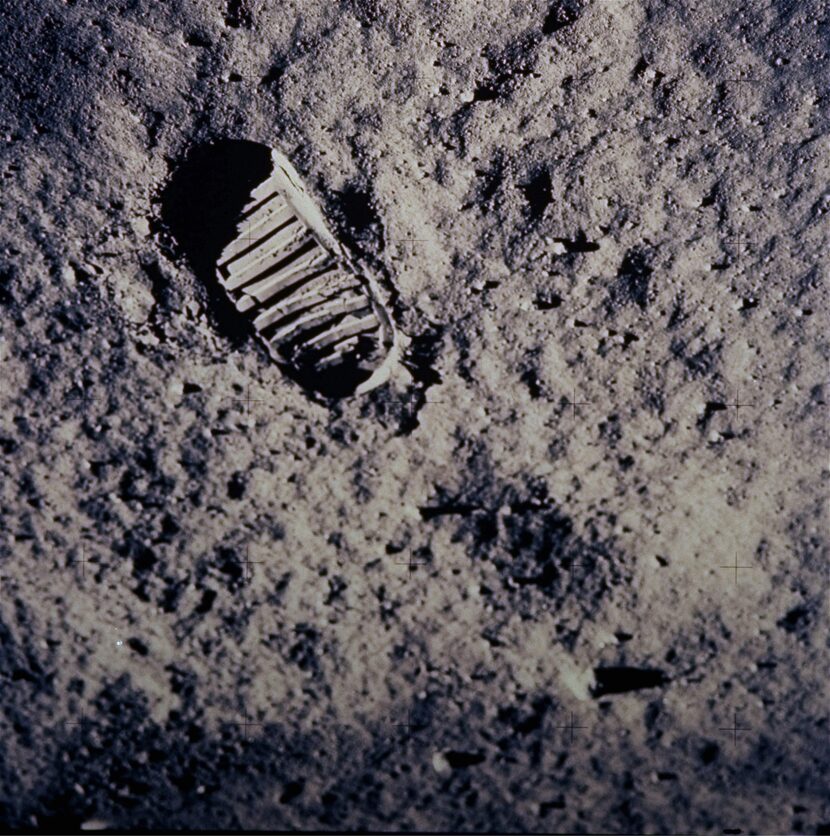 A footprint left by one of the astronauts of the Apollo 11 mission is seen in the soft,...