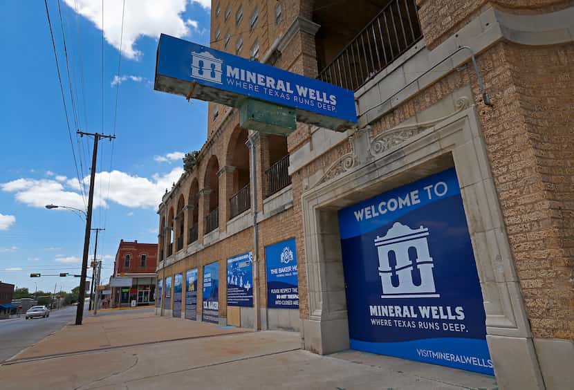 There's a welcome sign for the city on the historic Baker Hotel in Mineral Wells.
