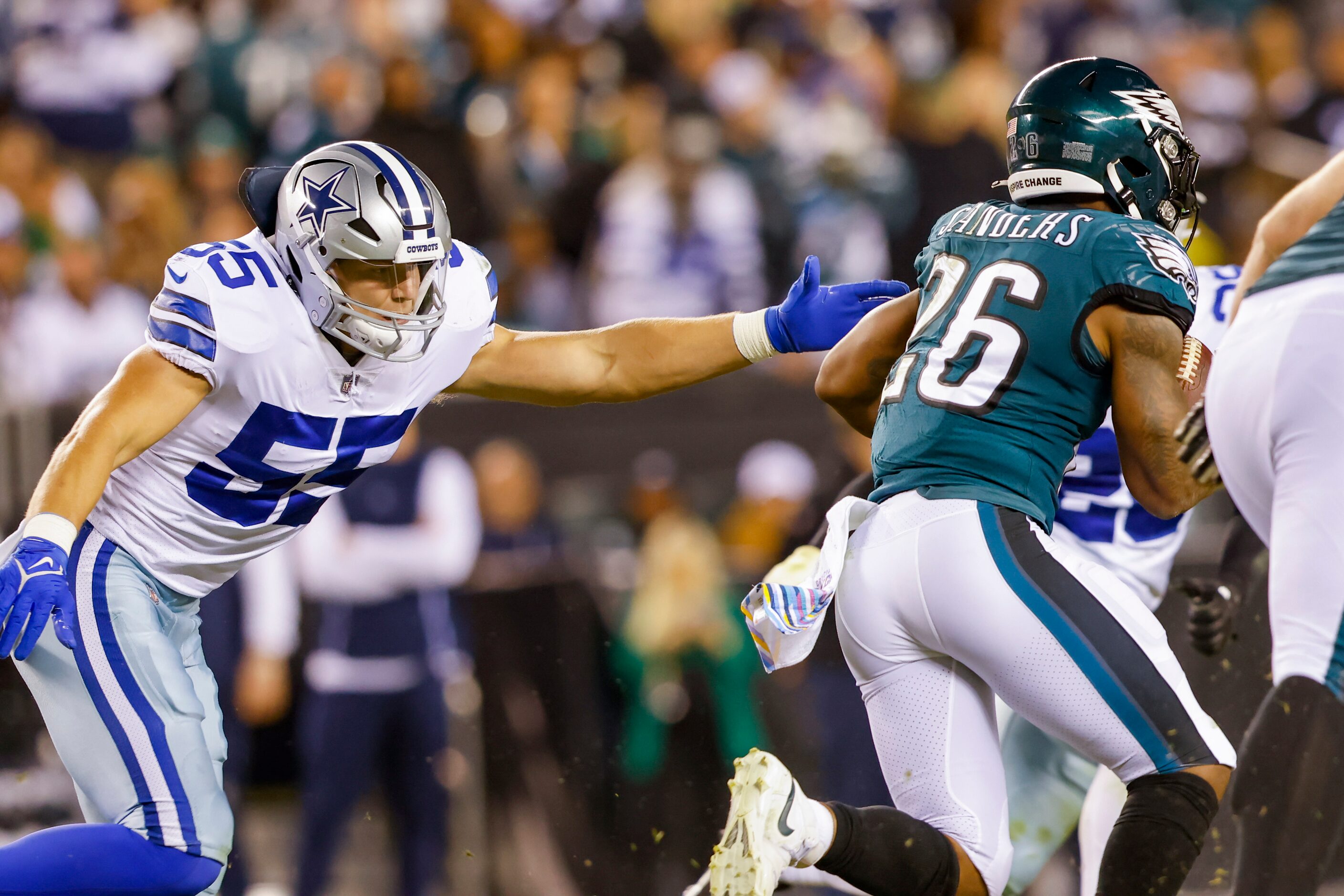 Dallas Cowboys linebacker Leighton Vander Esch (55) misses tackling Philadelphia Eagles...