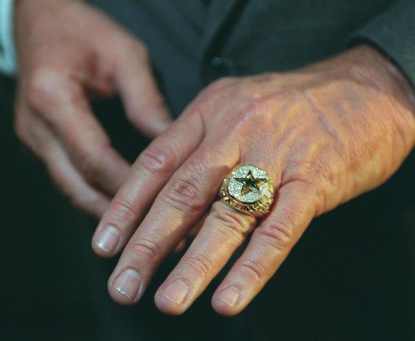 Former Dallas Stars owner Tom Hicks sports his championship ring commemorating the team's...