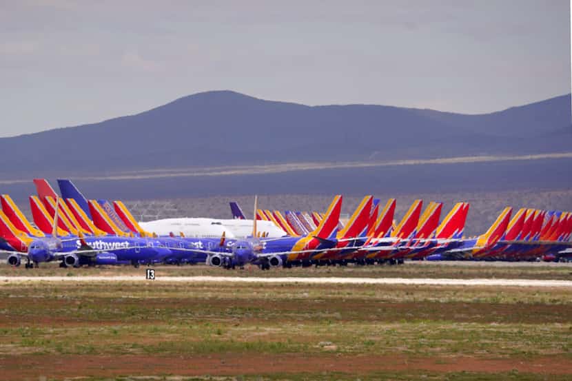 Southwest Airlines aircraft are seen stored at Southern California Logistics Airport,...