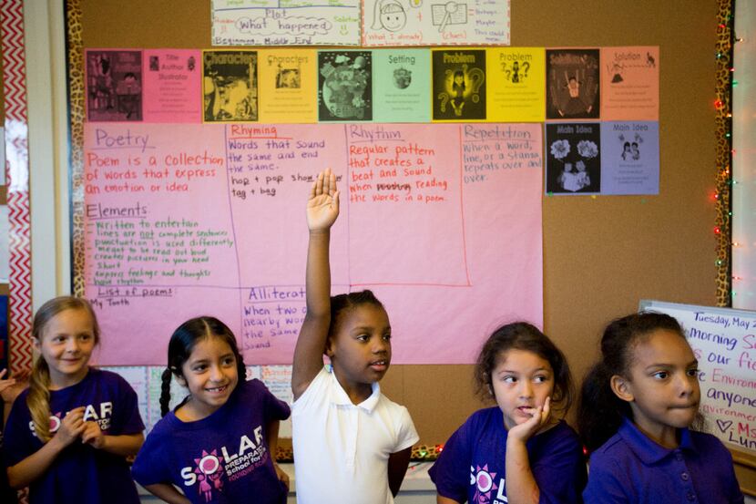 First-graders participate in class at the Solar Preparatory School for Girls, one of Dallas...