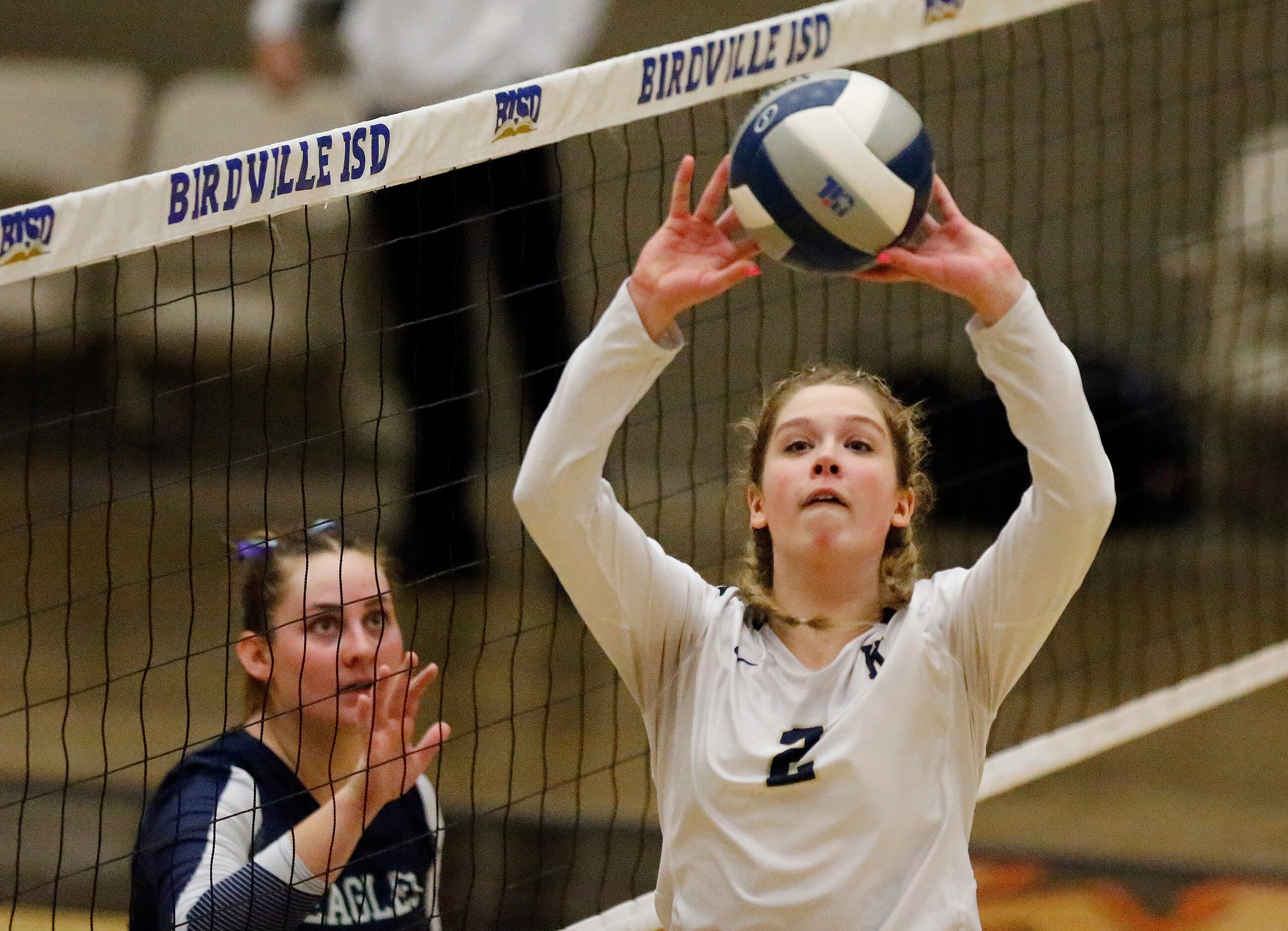 Keller High School setter Taylor Polivka (2) makes a set as V.R. Eaton High School outside...