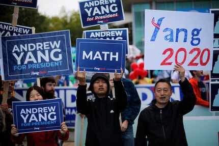 Supporters of businessman Andrew Yang rally before the New Hampshire state Democratic Party...