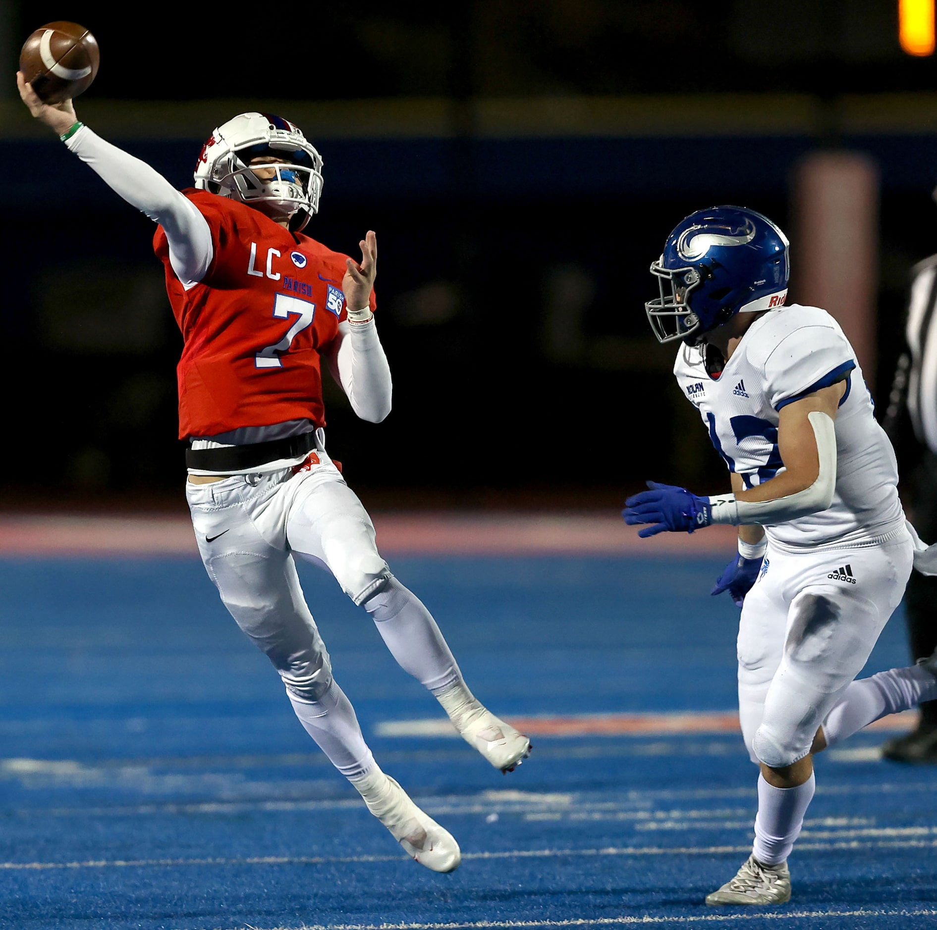 Parish quarterback Sawyer Anderson (7) gets pressured by Nolan linebacker Johnny Gonzalez...