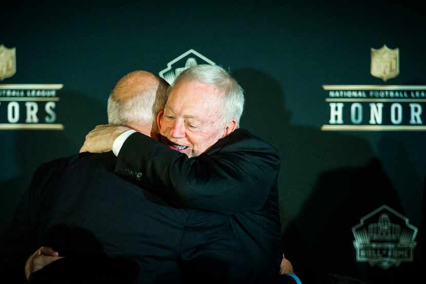 Dallas Cowboys owner Jerry Jones is congratulated after a press conference with Pro Football...
