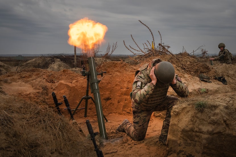 FILE - Soldiers of Ukraine's National Guard 1st Brigade hold combat training in northern...