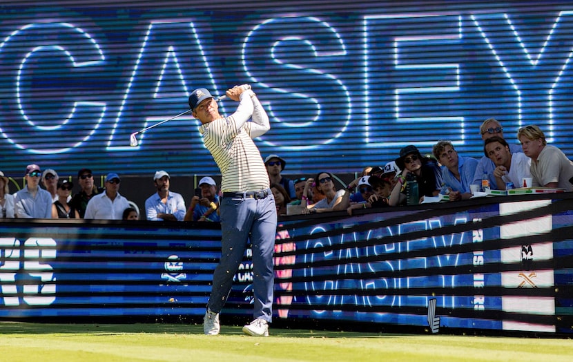 Paul Casey of Crushers GC hits his shot from the first tee during the second round of LIV...