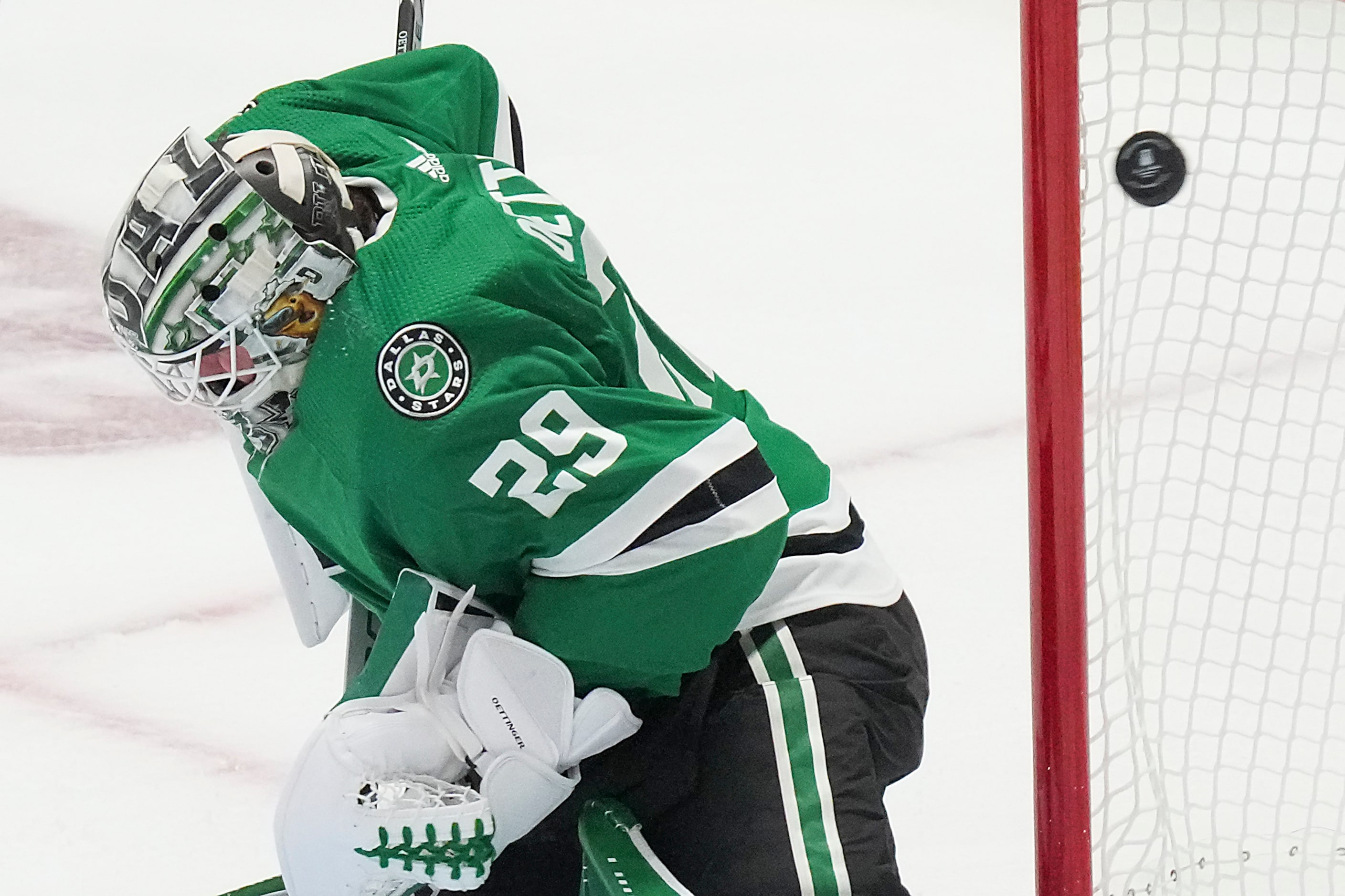 A shot by Vegas Golden Knights center Ivan Barbashev beats Dallas Stars goaltender Jake...