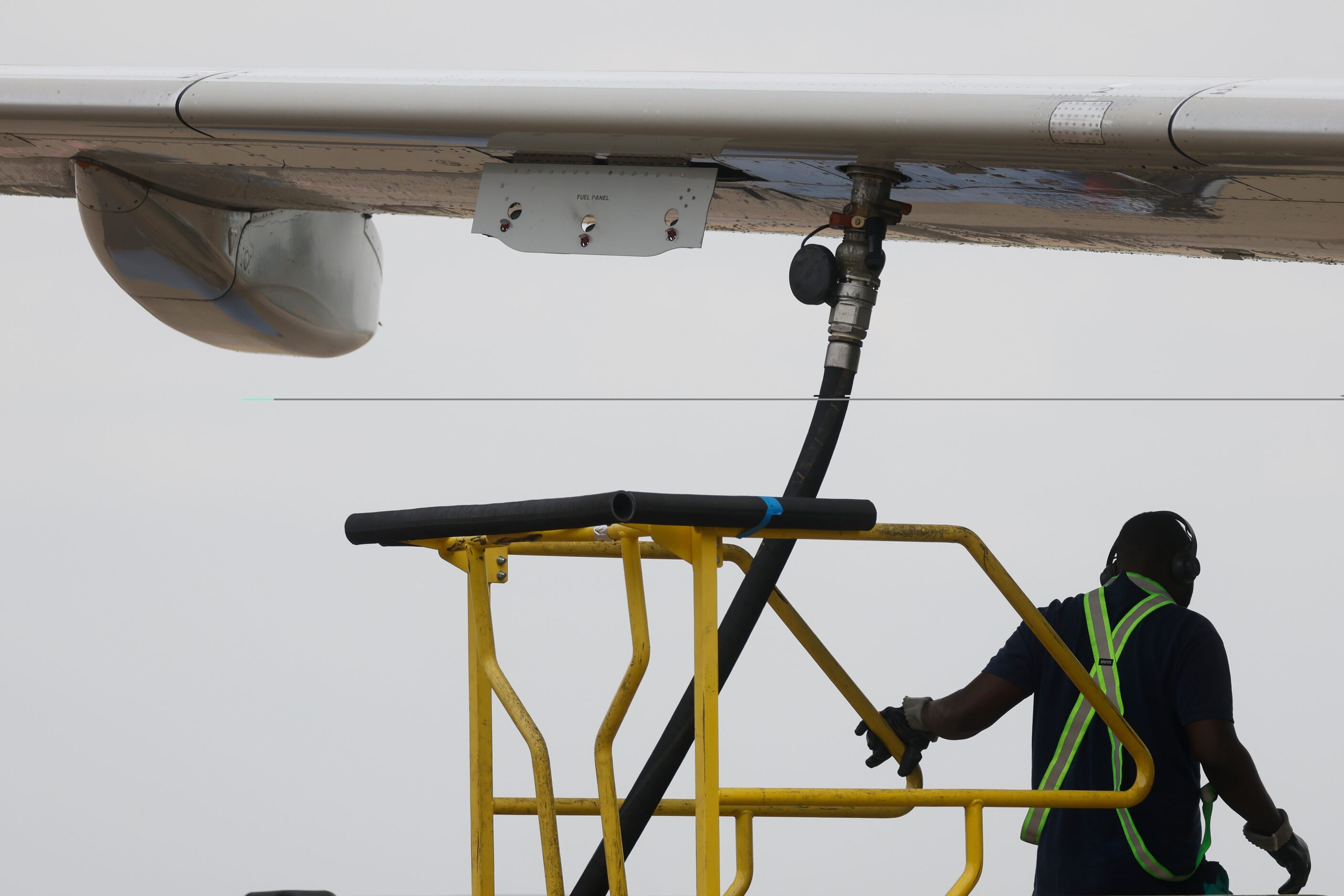 An American Airlines flight enroute to Amsterdam refuels at  a gate of Terminal A on...