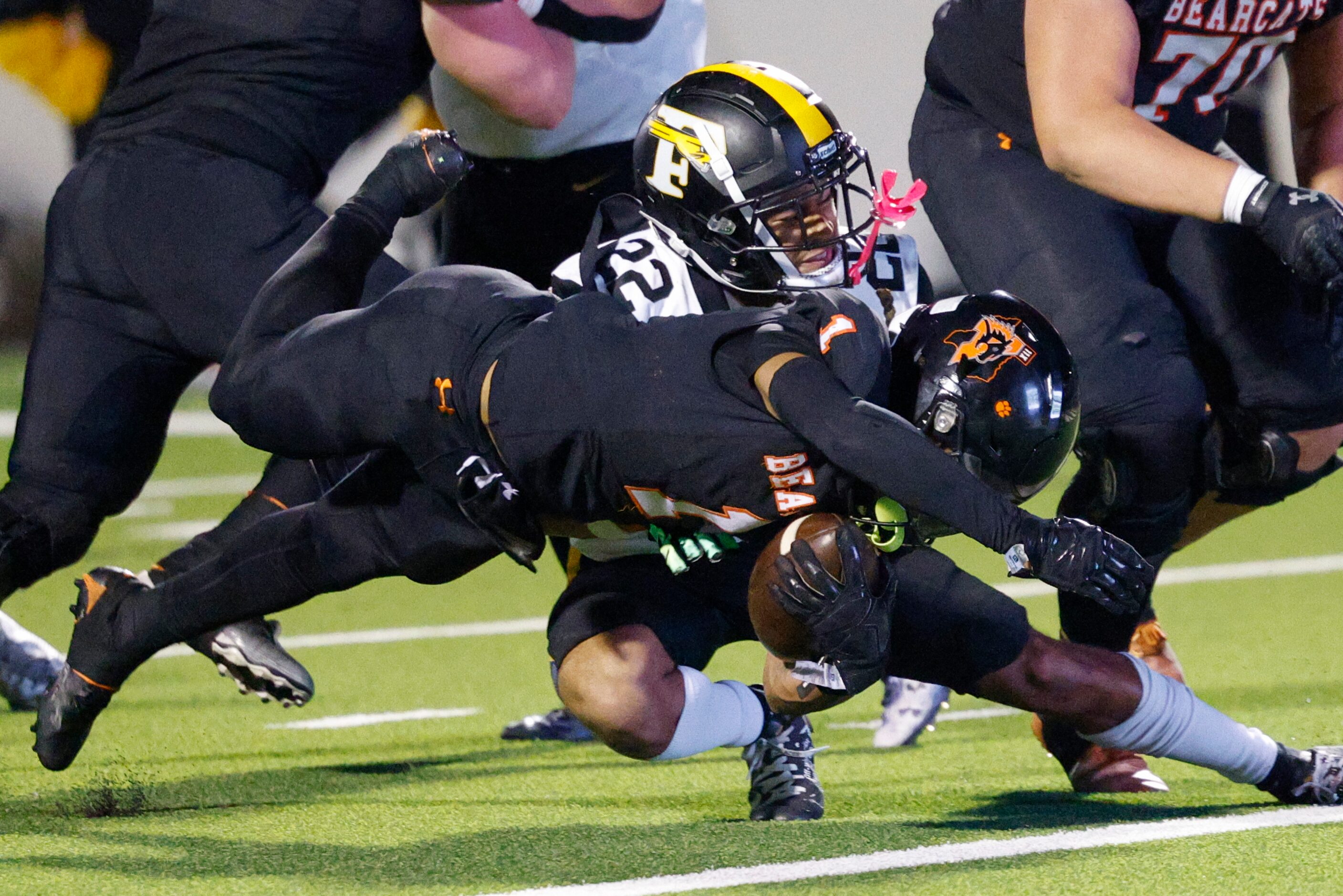 Aledo running back Hawk Patrick-Daniels (1) runs through Forney defensive back Joshua Gatlin...