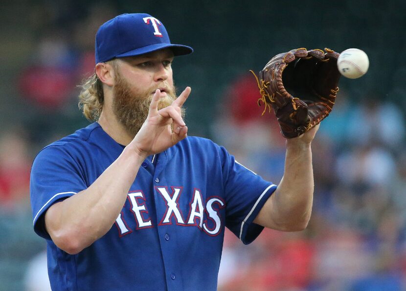 Texas Rangers starting pitcher Andrew Cashner (54) is pictured during the Seattle Mariners...