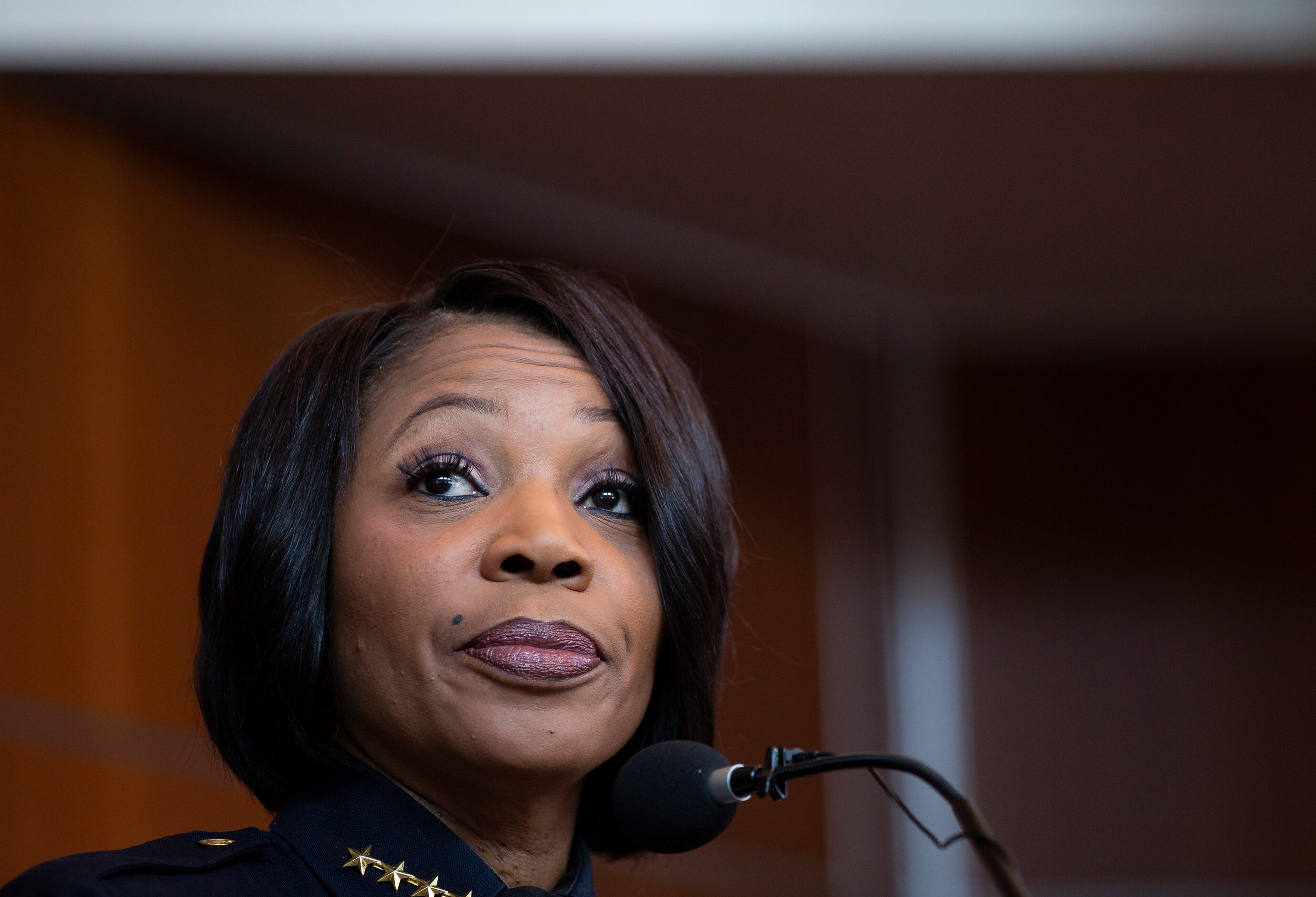 Dallas Police Chief Reneé Hall speaks about last night's arrests during a protest march on...